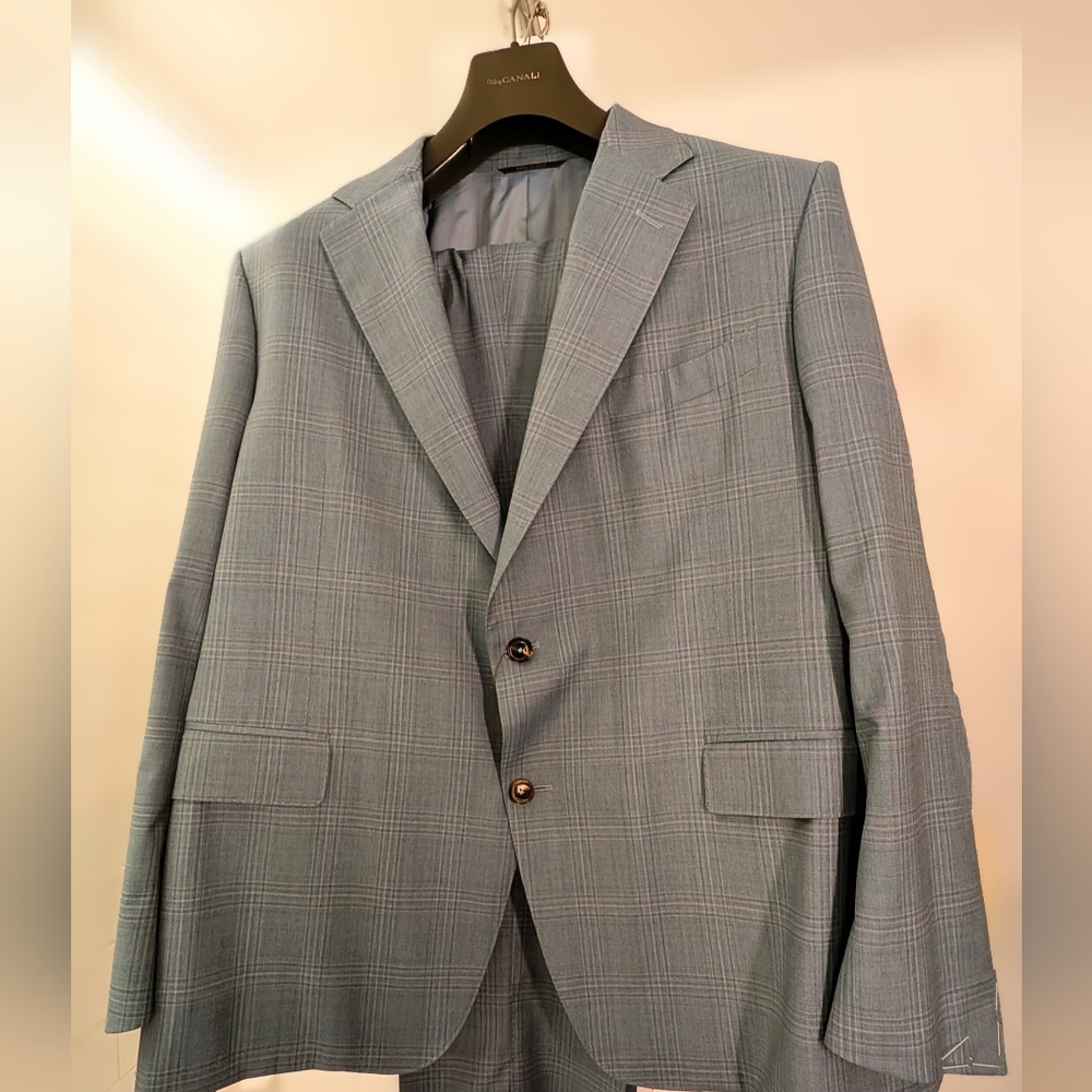 Men's Canali Suit 100% WOOL Made In Italy Blue-Grey  Plaid NEW W/ TAGS EU 42 60R